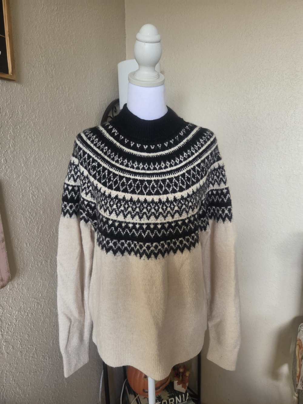 H&M Black and Cream Fair Isle Crewneck Sweater